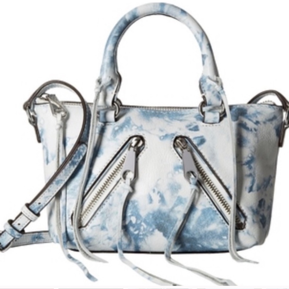 Tie Dyed Micro Moto Blue and White Snake Embosed Leather Cross Body Bag EUC